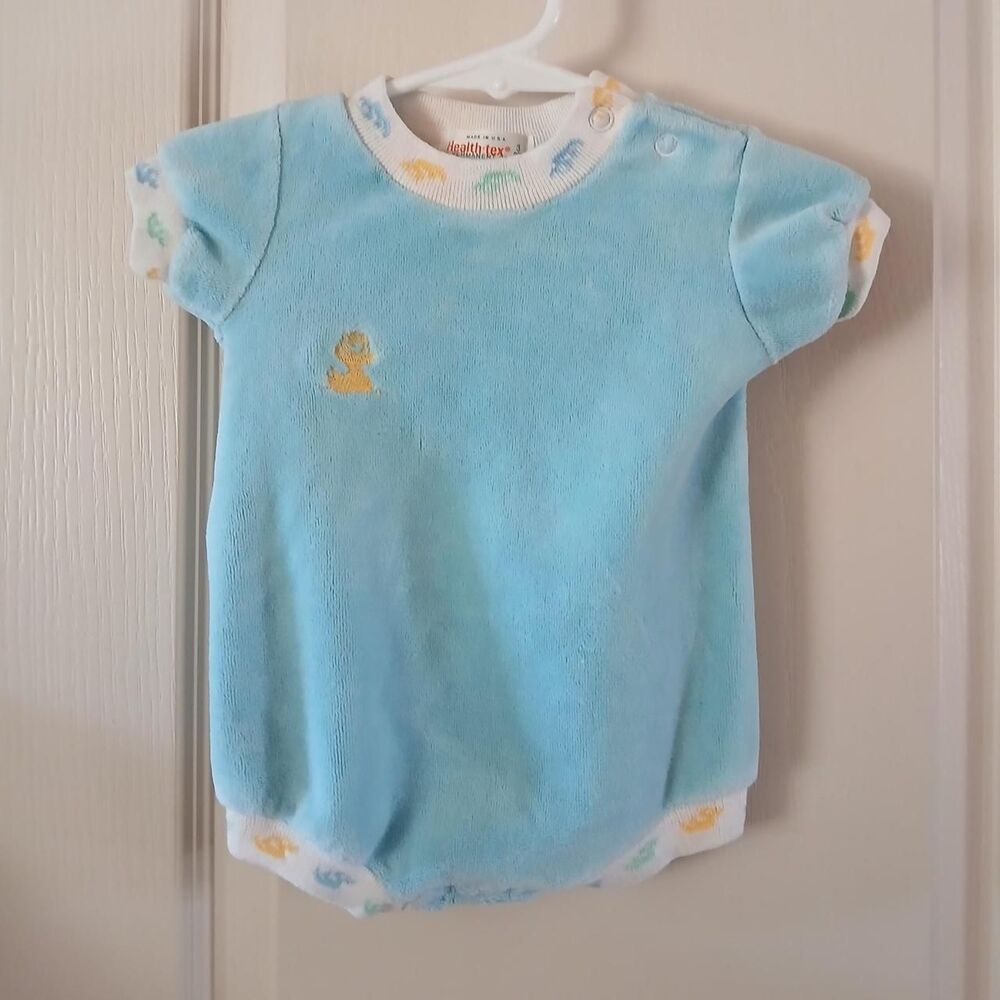 Retro 70s Vintage Blue Velour Baby One Piece Romper Yellow Green Ducks 3 Mo.